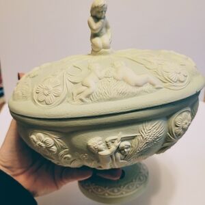 Oval Porcelain Putto Figurine Pedestal Bowl W/ Lid "Dolly Collard" 7" Dia X 7" T